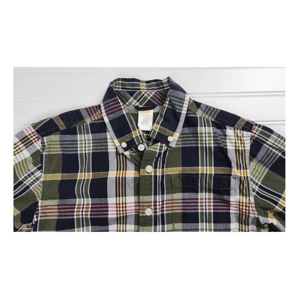 Gymboree Boys Button Down Plaid Shirt Size 7/8 Medium Long Sleeve Green Navy
